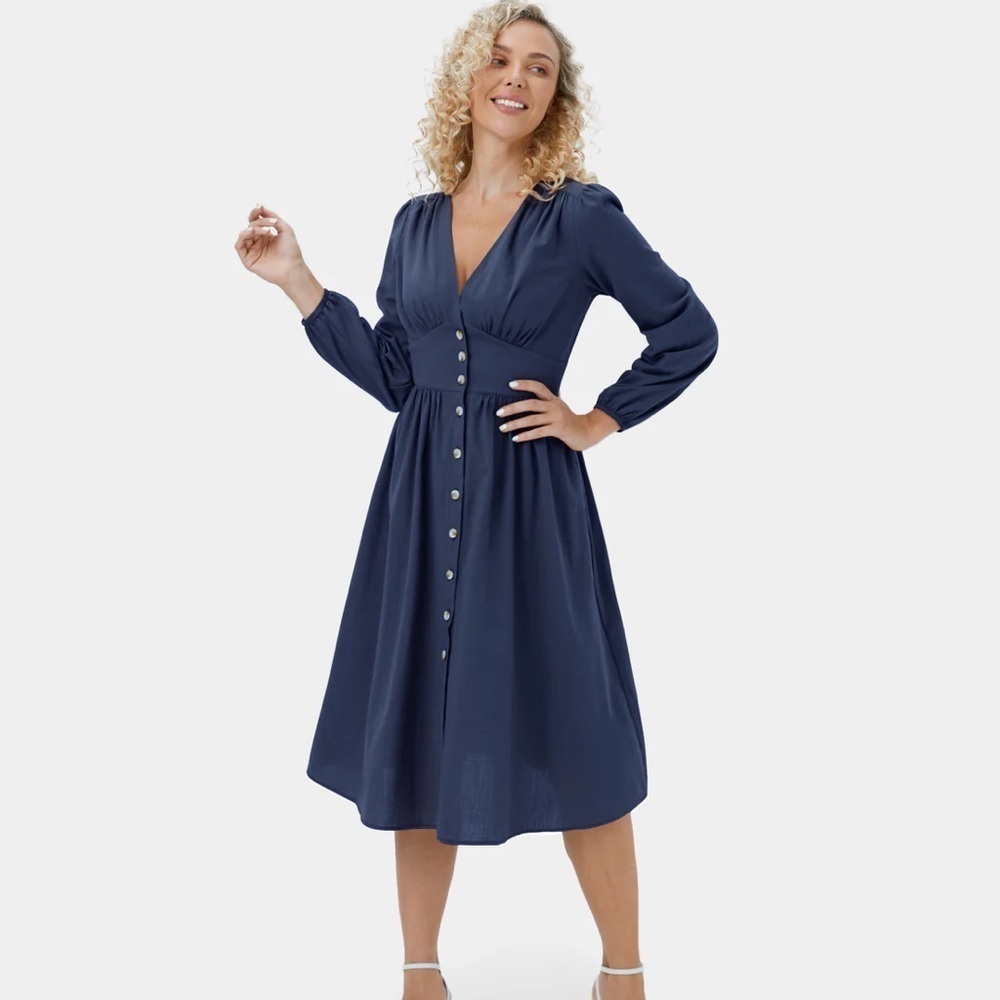 Halara 100% cotton button front gathered bust long sleeves dress small